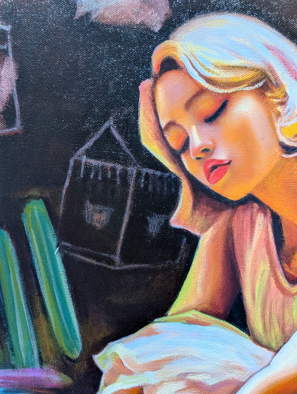 Artistic depiction of a woman with closed eyes, surrounded by abstract elements.