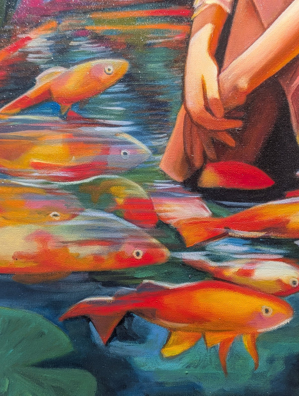 Artistic depiction of goldfish in a pond with a person holding a fish.