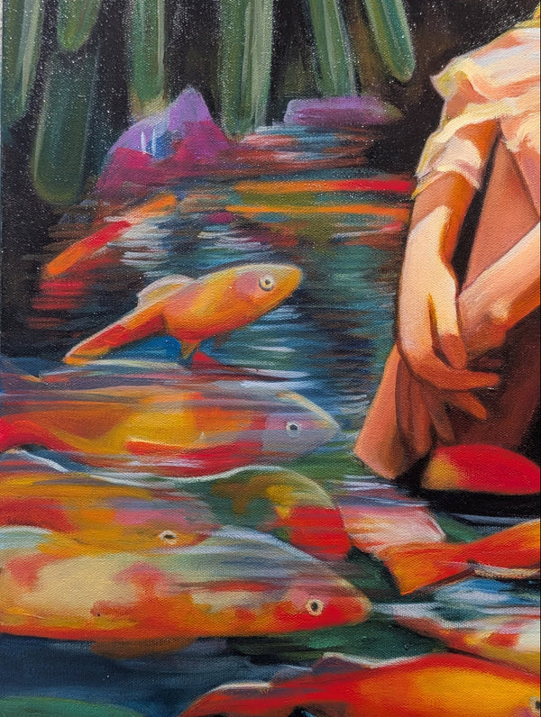 Colorful painting of fish and a person sitting by a pond