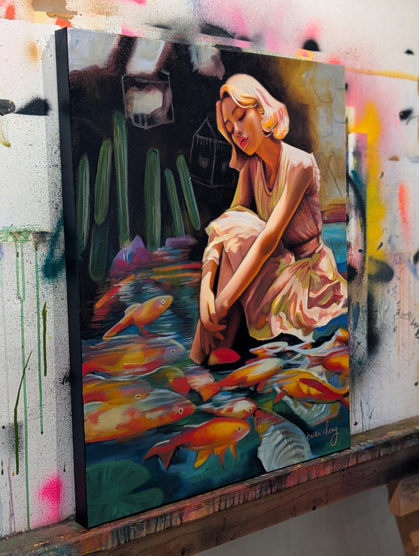Painting of a woman by a fish pond with colorful fish on a textured wall.