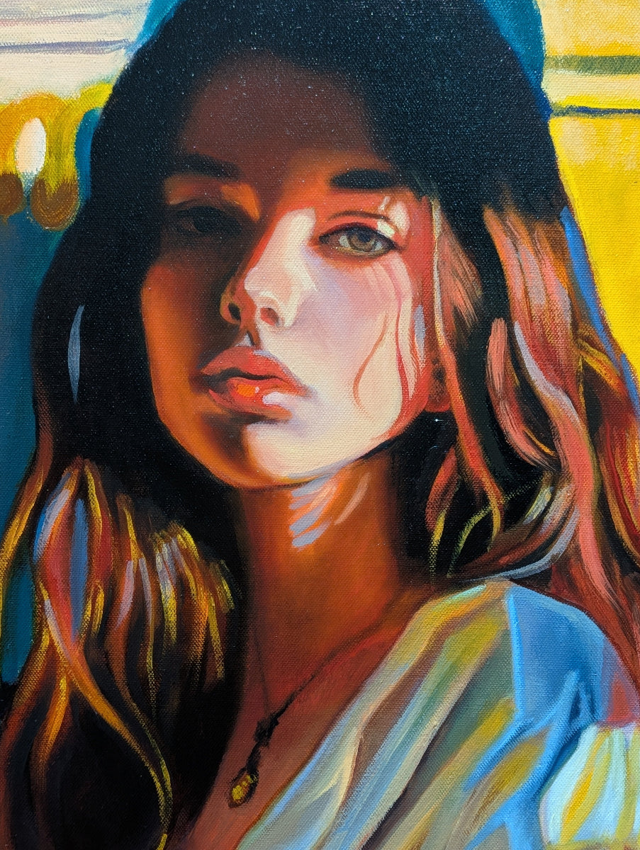 Colorful portrait painting of a woman with a blue and yellow background