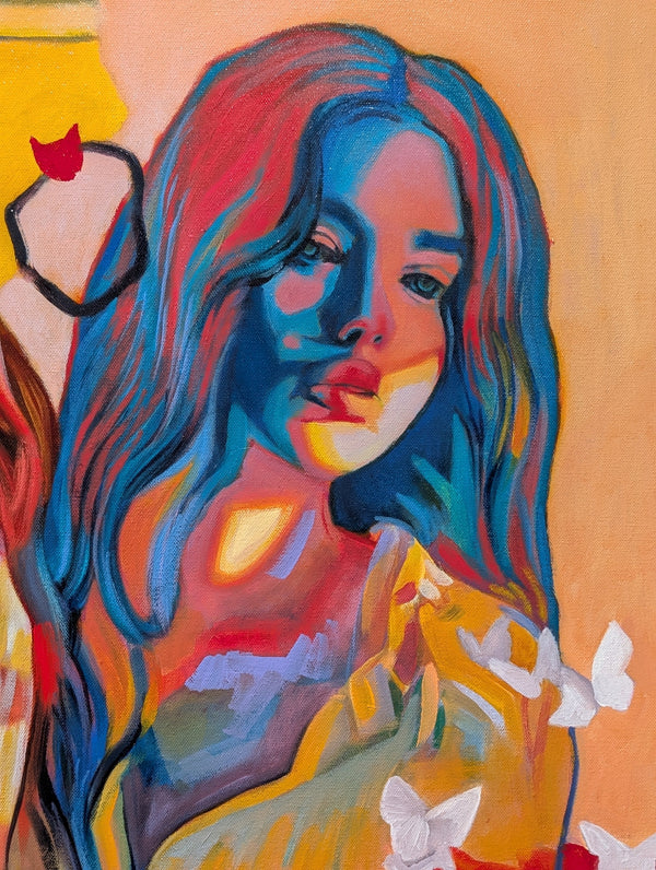 Colorful abstract painting of a woman with long hair and flowers.