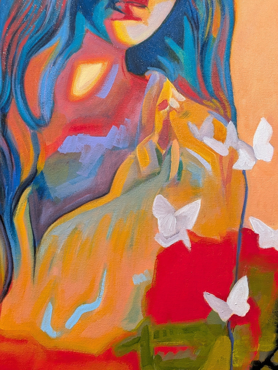 Abstract painting with colorful flames and white butterflies
