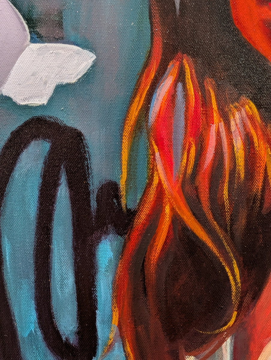 Abstract painting with fiery design and blue background