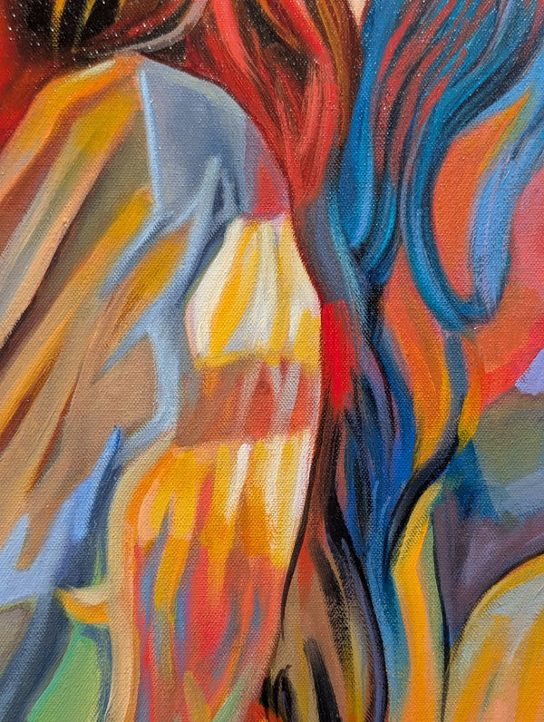 Abstract painting with vibrant colors on a textured surface