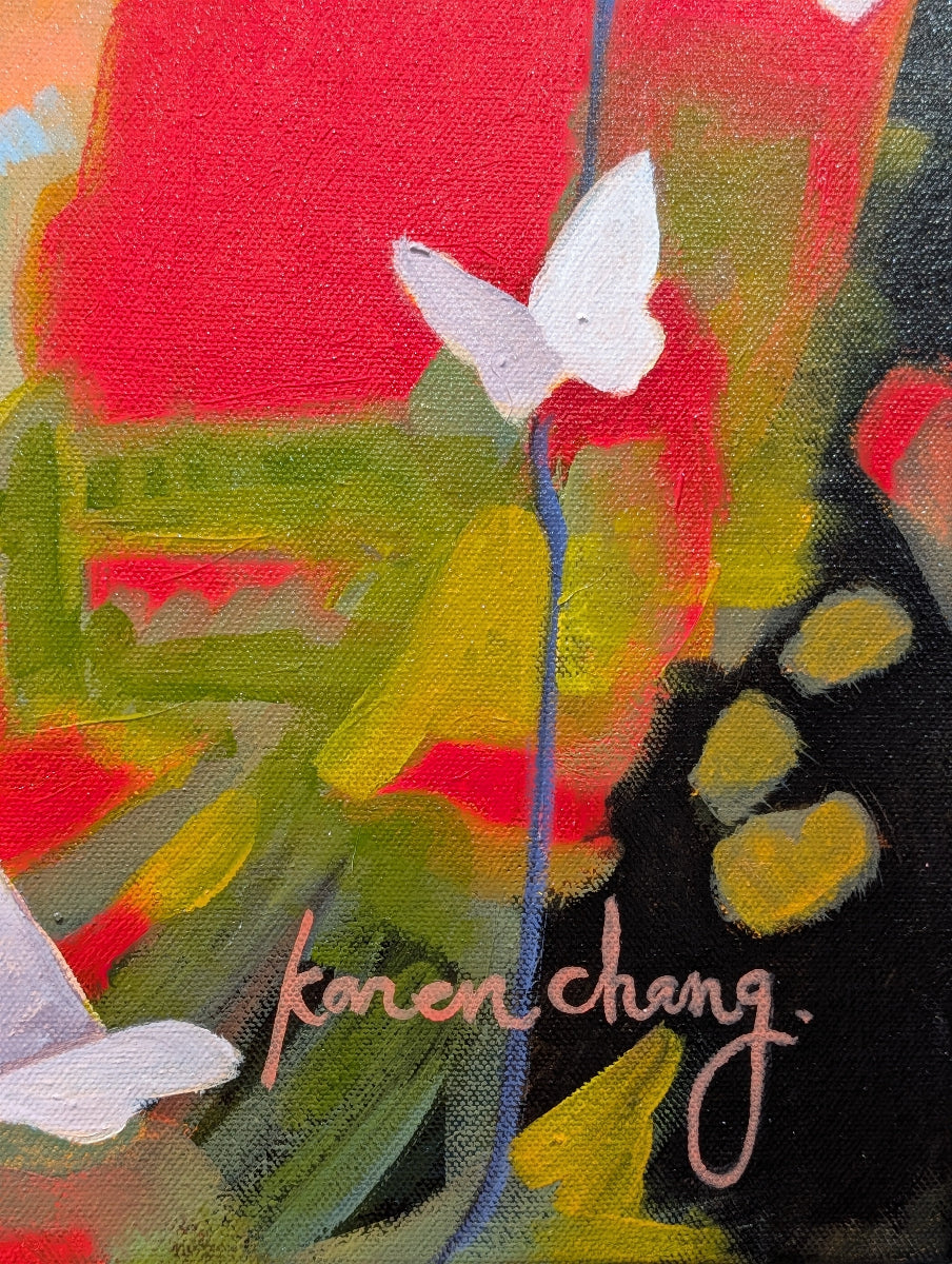Abstract artwork with a butterfly and colorful background, signed 'Karen Chang'.