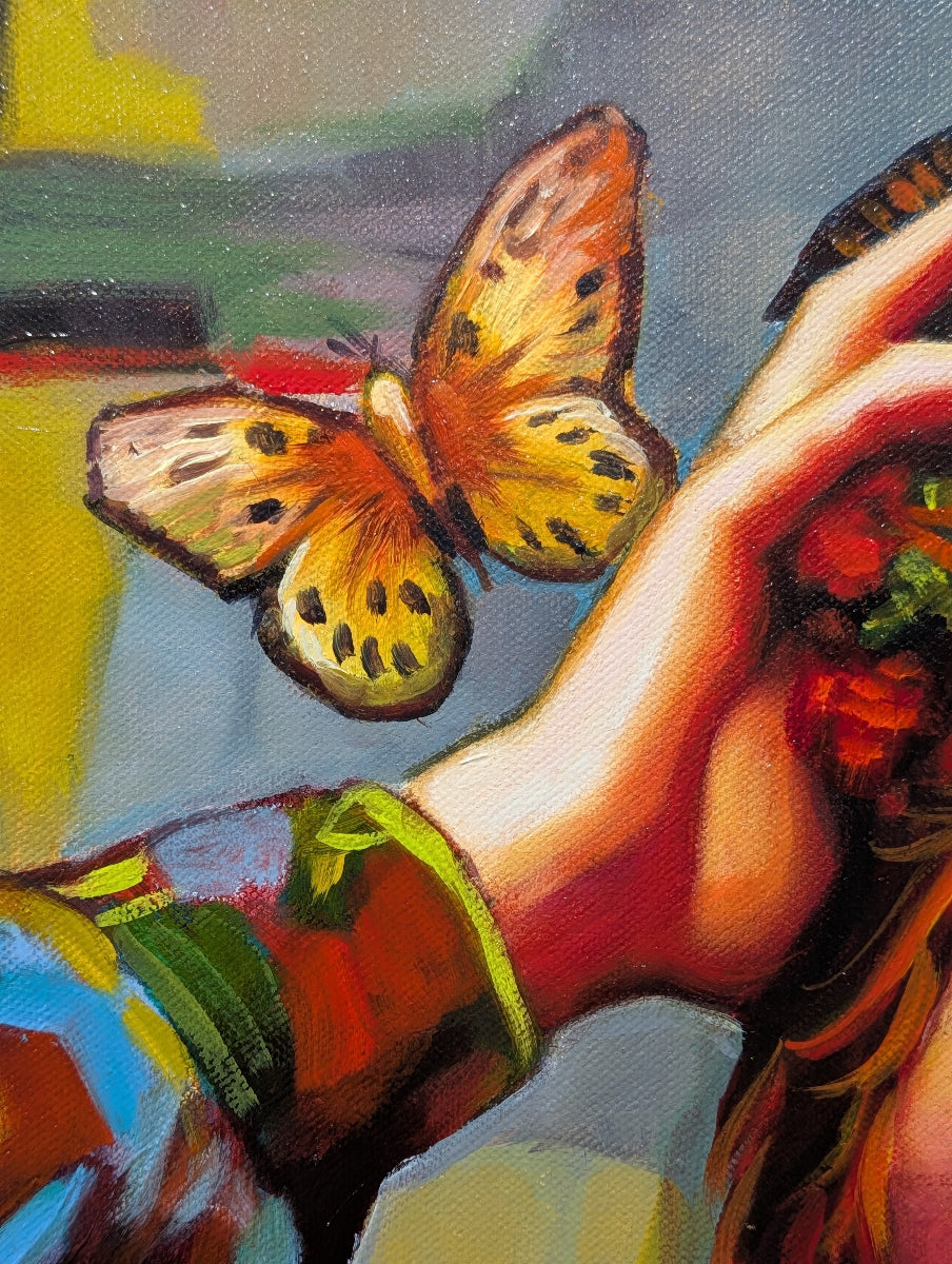 Colorful painting of a butterfly and a hand holding flowers