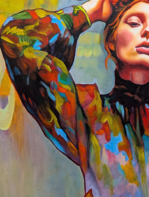 Colorful abstract painting of a woman's face and arm