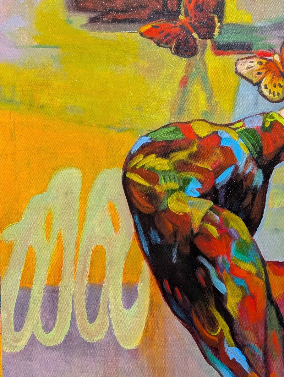 Colorful elephant painting with butterflies on a yellow background