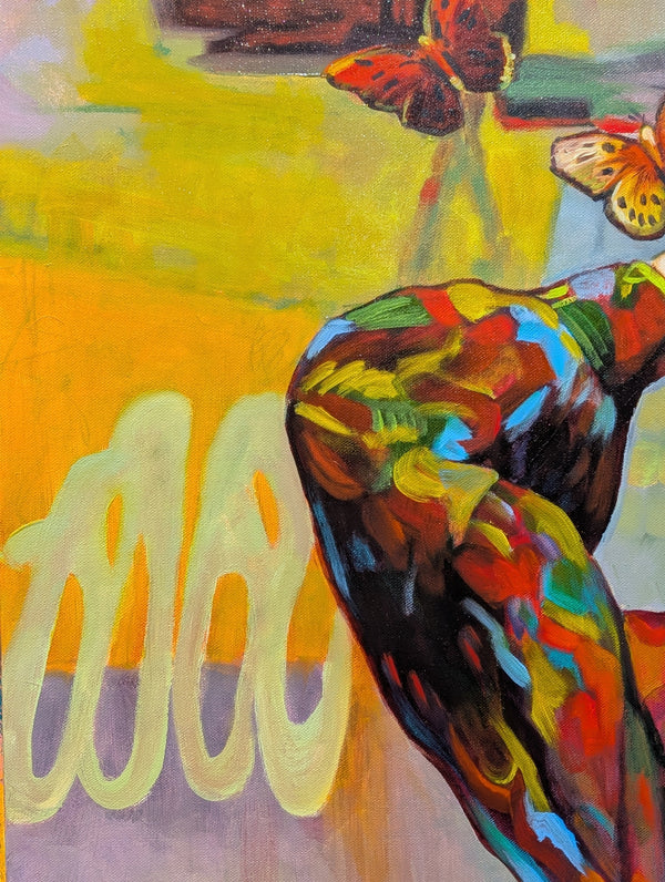 Colorful elephant painting with butterflies on a yellow background
