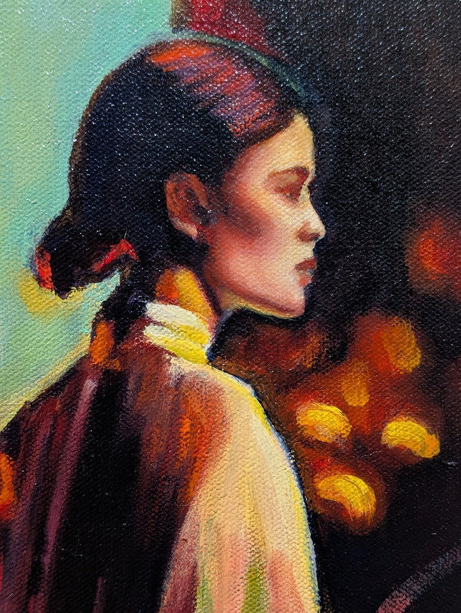 Artistic depiction of a person with braided hair against a colorful background
