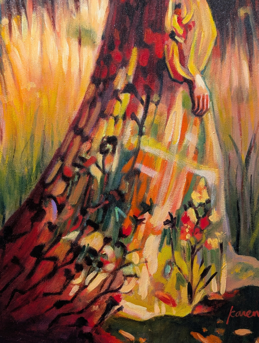 Abstract painting of a person walking through a field with vibrant colors