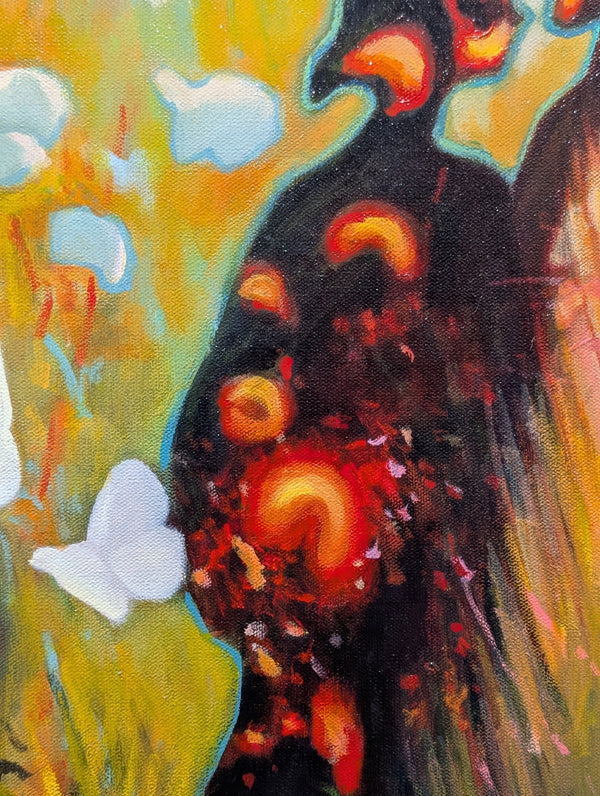Abstract painting with a black figure, red circular shapes, and a white butterfly on a colorful background.