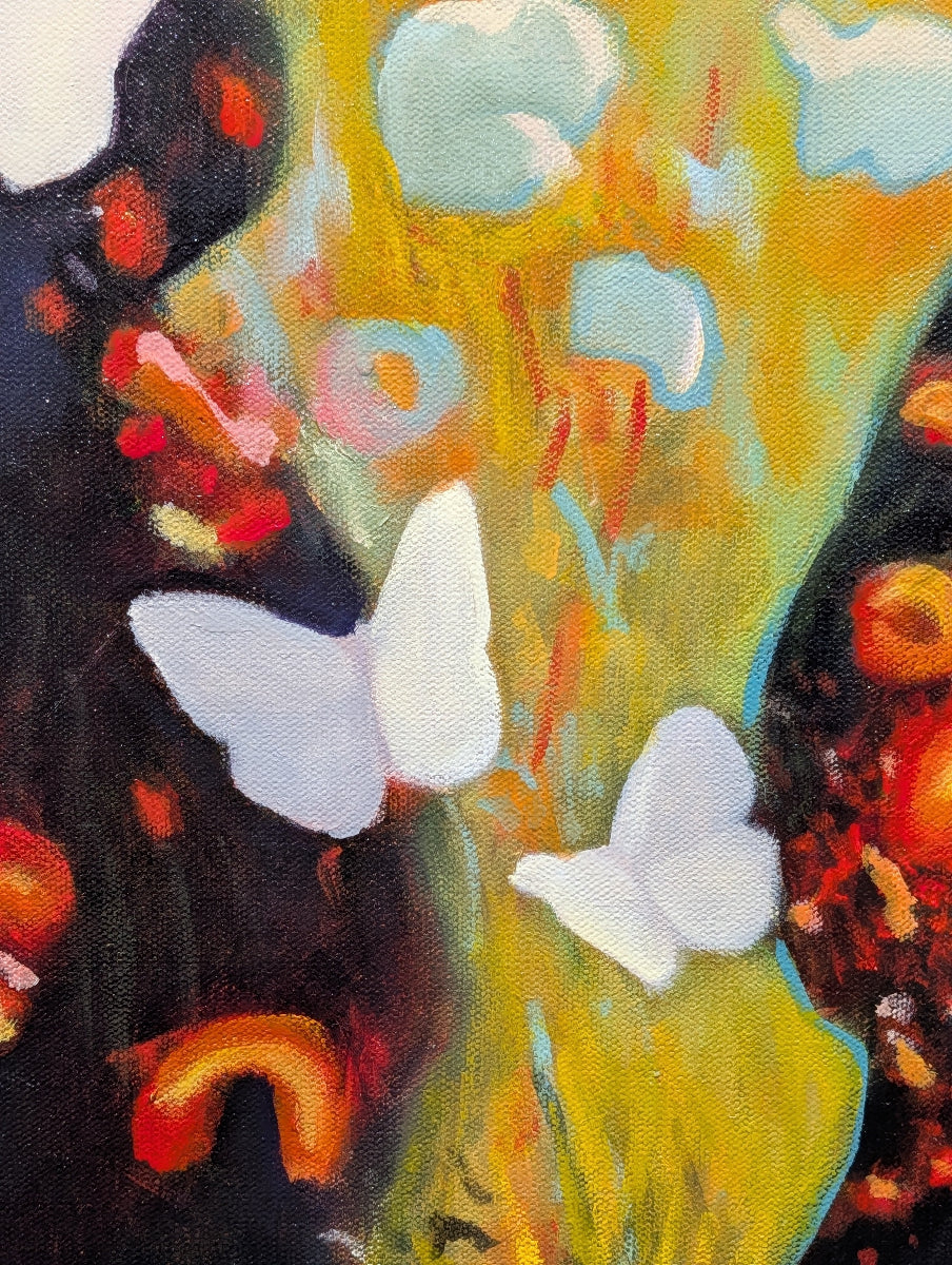 Abstract painting with white butterflies and colorful background