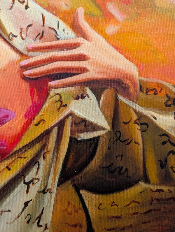 Close-up of a hand holding a piece of paper with text, with a colorful background.