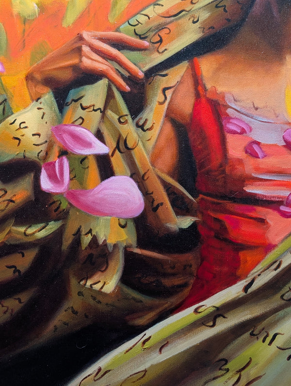 Colorful abstract painting with floral elements and a bottle.