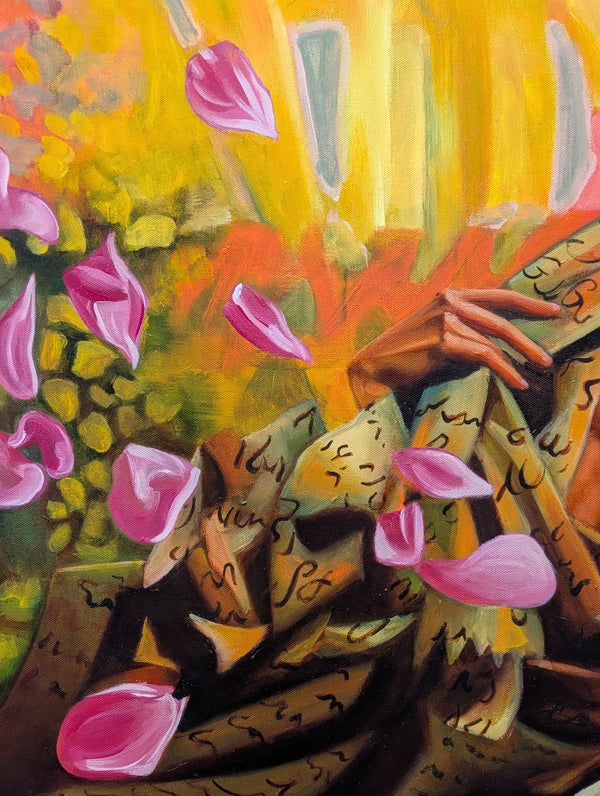 Colorful abstract painting with pink flowers and a person holding a book.
