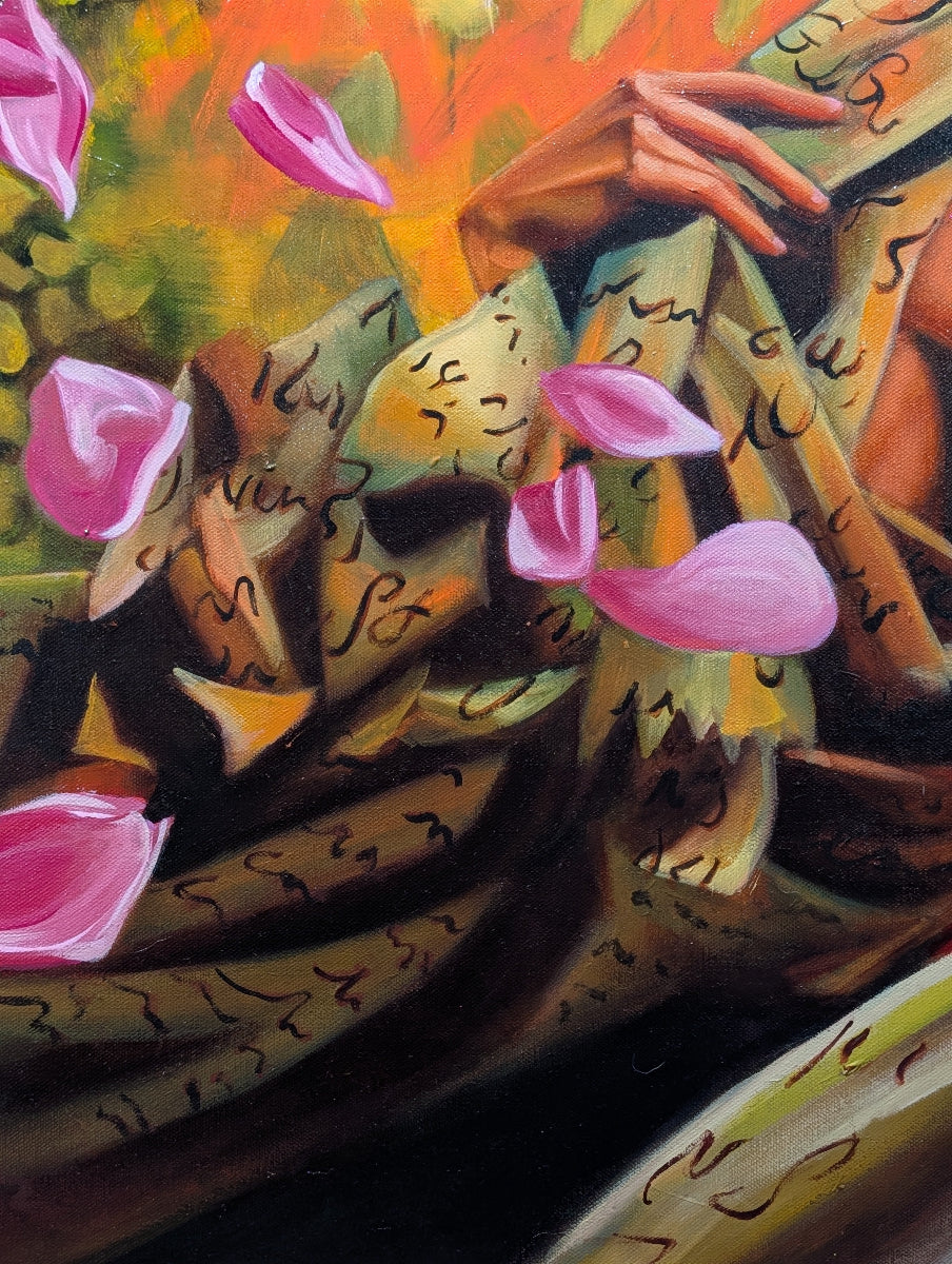 Artistic depiction of leaves and pink flowers with a focus on texture and color.