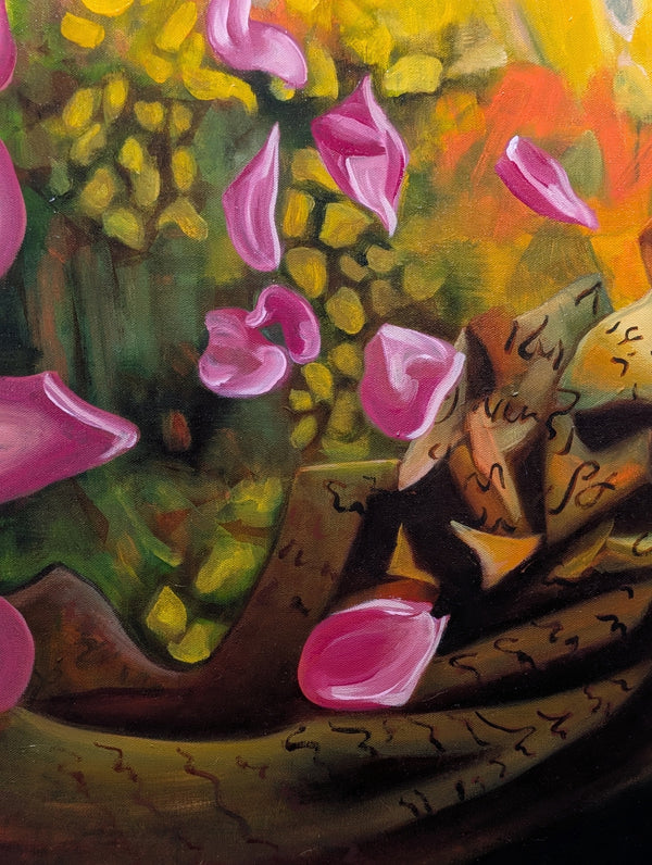 Artistic depiction of pink flowers and a patterned fabric with abstract background