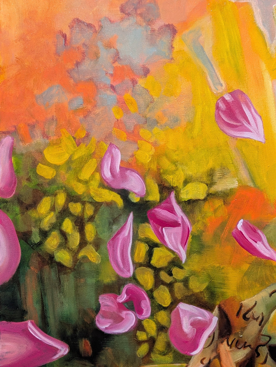 Colorful painting of pink flowers and a vase with green leaves on an abstract background.