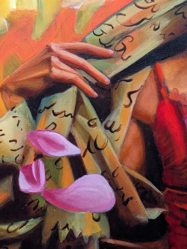 Close-up of a hand holding a book with floral elements in a stylized painting.