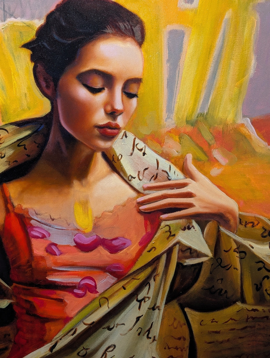 Artistic depiction of a woman holding a book with musical notes, set against a colorful background.