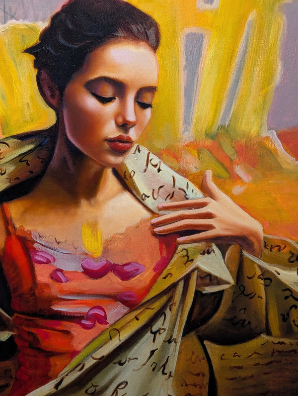 Artistic depiction of a woman holding a book with musical notes, set against a colorful background.