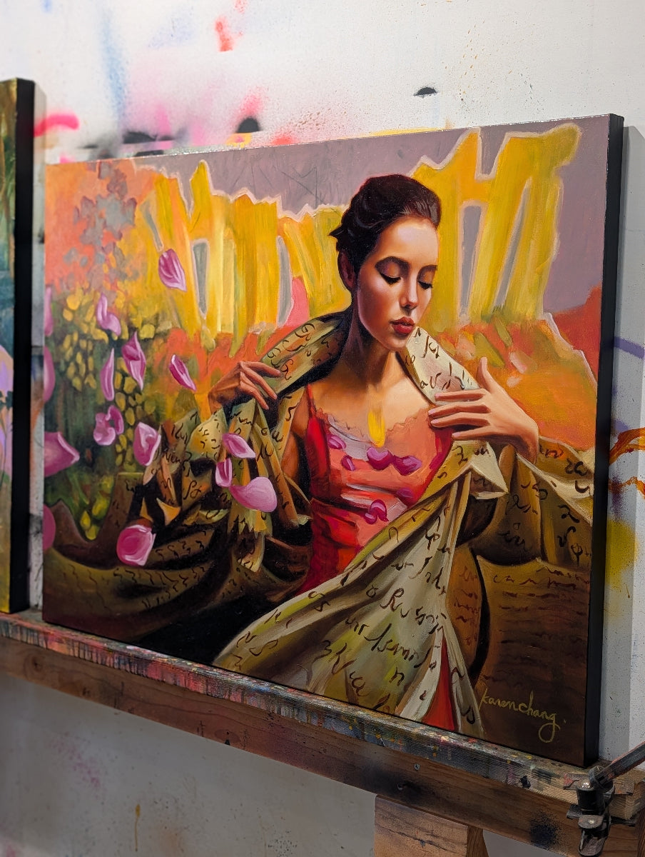 Colorful painting of a woman reading a letter with flowers and a basket in the background.