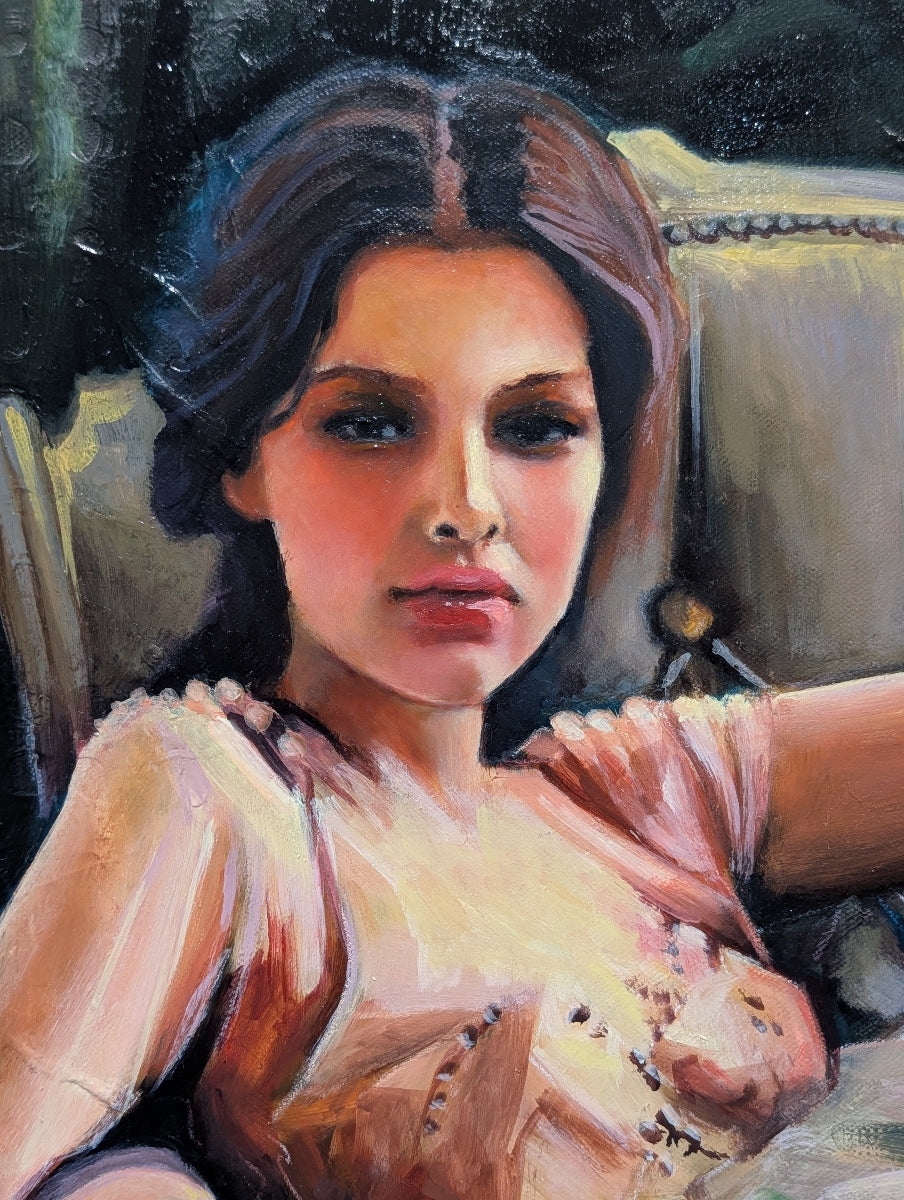Oil painting of a young woman in a soft, warm light.