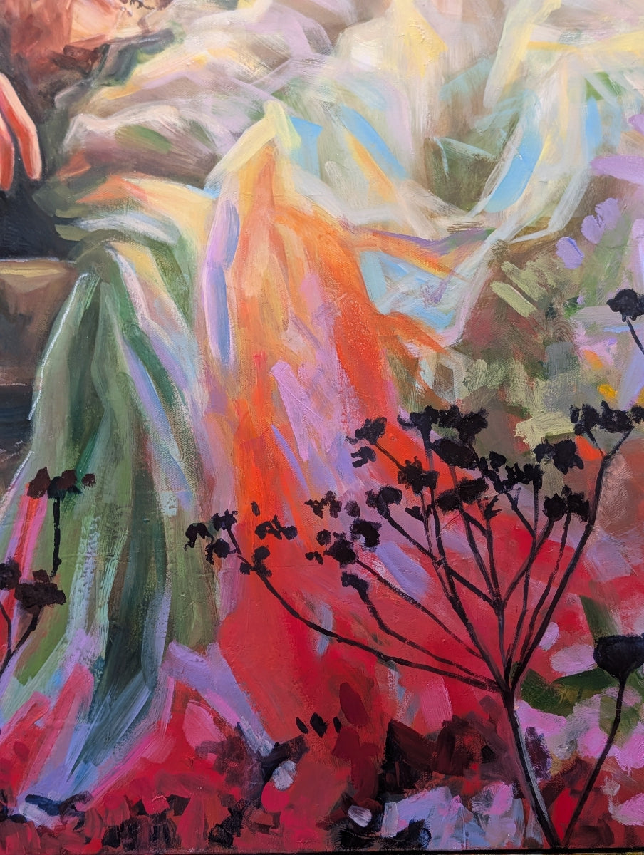 Colorful abstract painting with black plant silhouettes