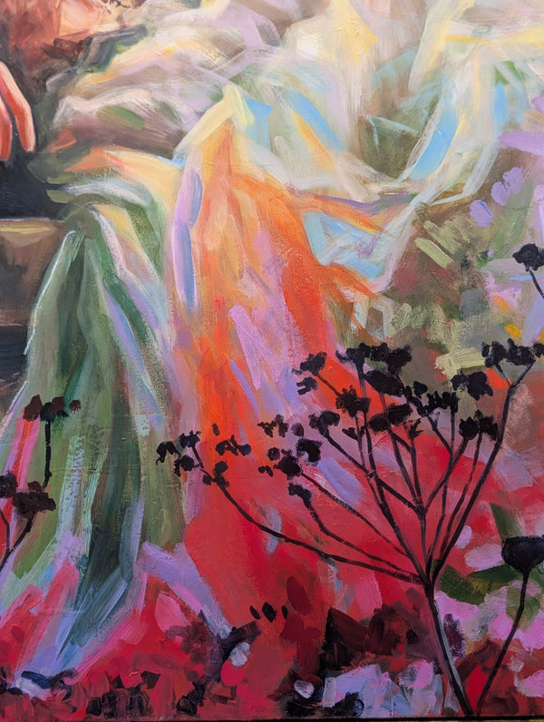 Colorful abstract painting with black plant silhouettes