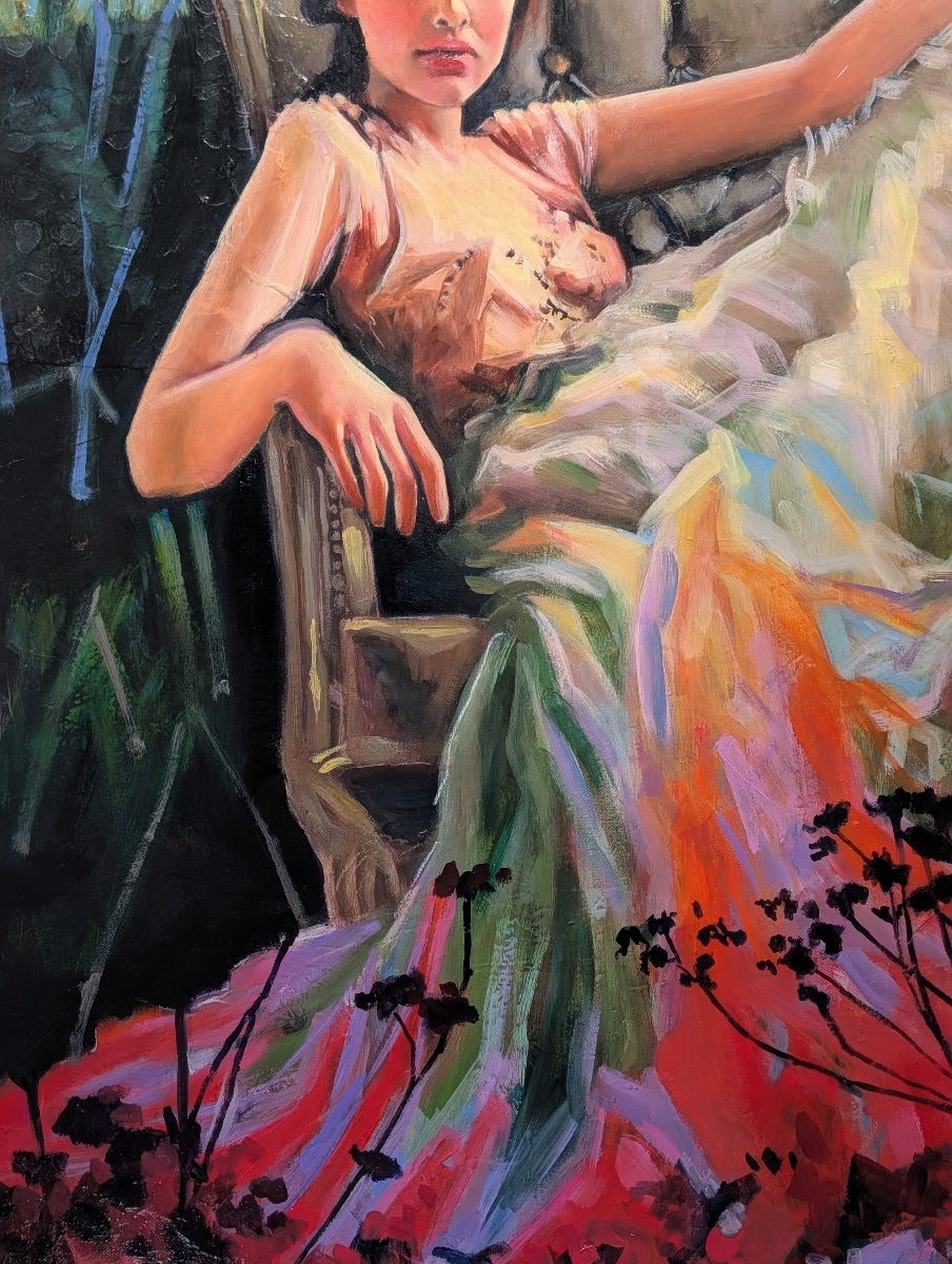 Colorful painting of a woman sitting outdoors with flowers and plants around.