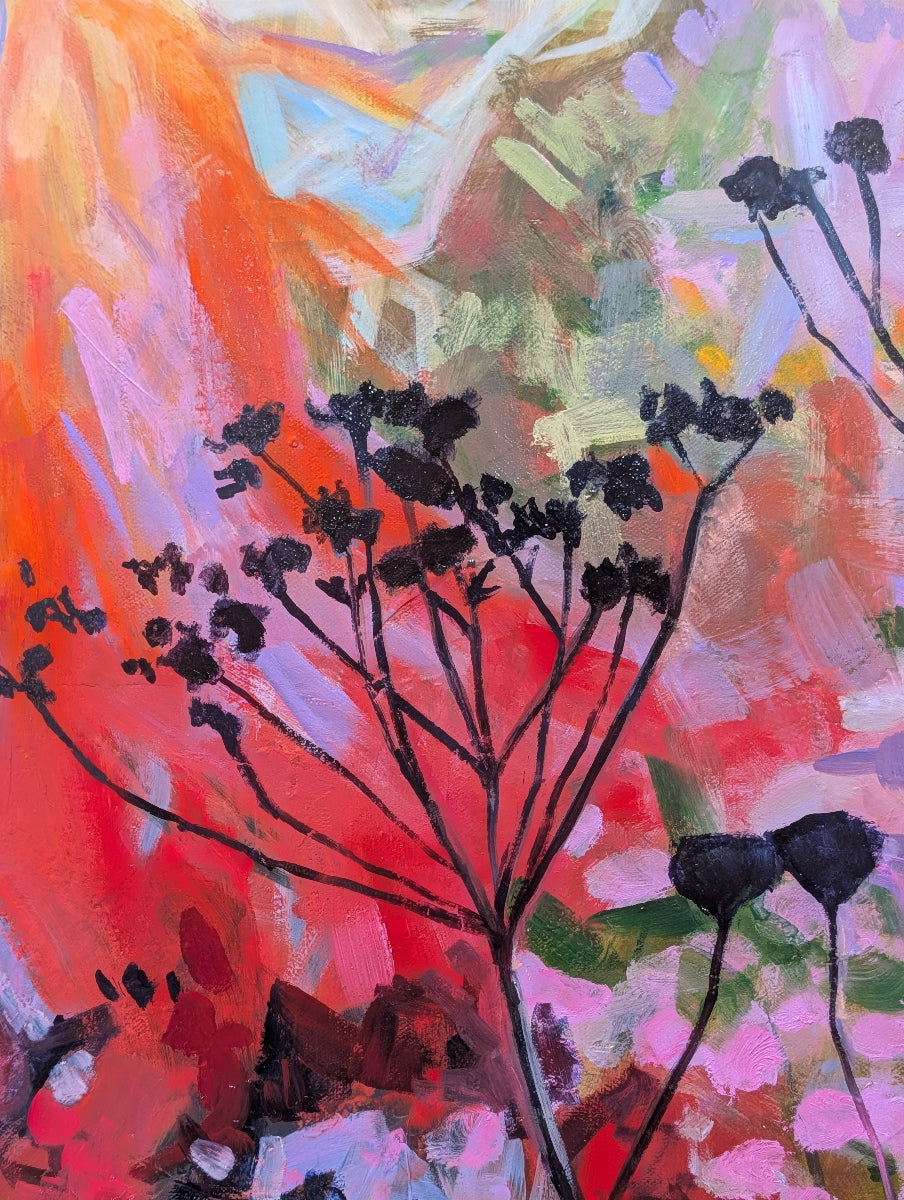 Abstract painting with black floral silhouettes on a colorful background