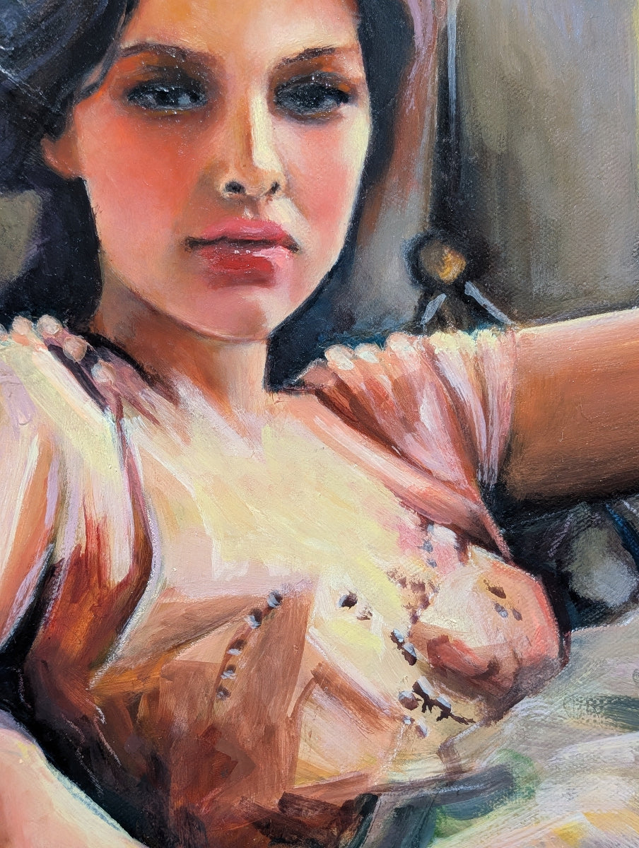 Artistic depiction of a woman with a soft focus background