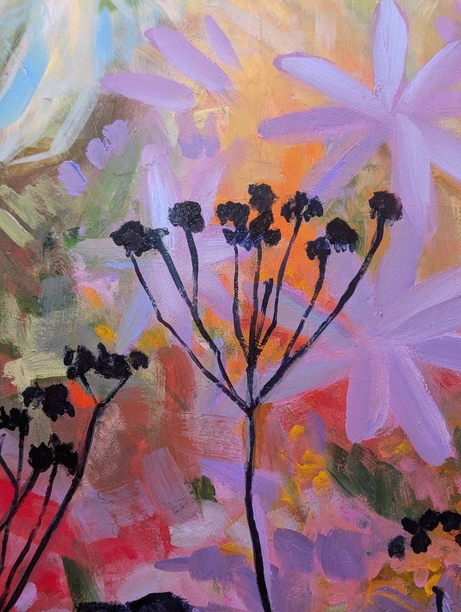 Abstract painting of flowers with a colorful background