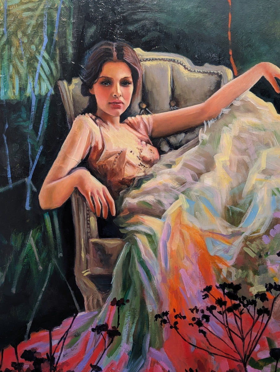 Colorful painting of a woman sitting on a chair with a vibrant background