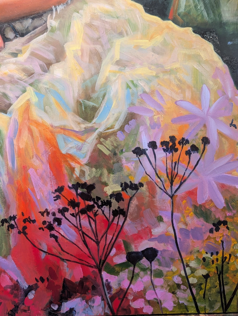 Colorful abstract painting with floral elements