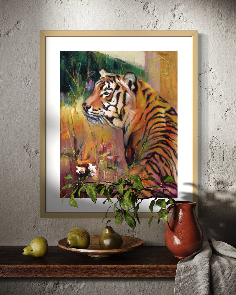 Framed painting of a tiger on a wall above a shelf with decorative items.