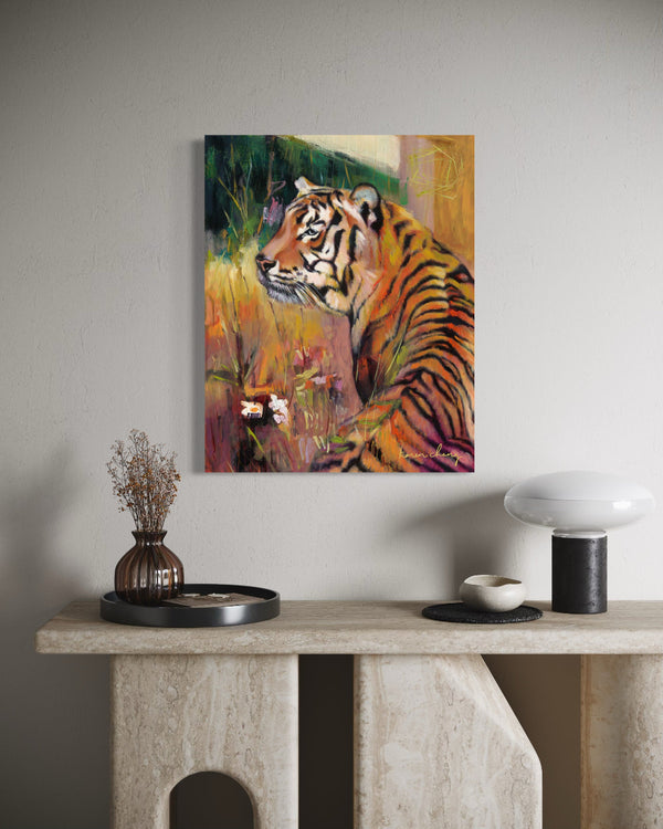 Original oil painting on canvas of a tiger in a natural setting on a wall above a console table.