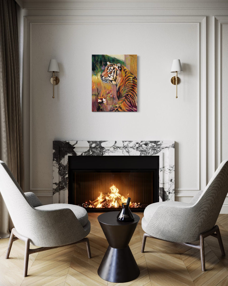 Modern living room with a fireplace, two chairs, and a tiger painting on the wall.