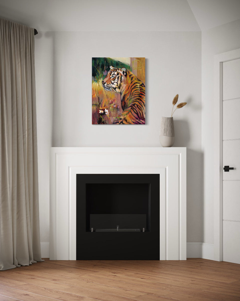 Modern living room with a white fireplace and a tiger painting above it.