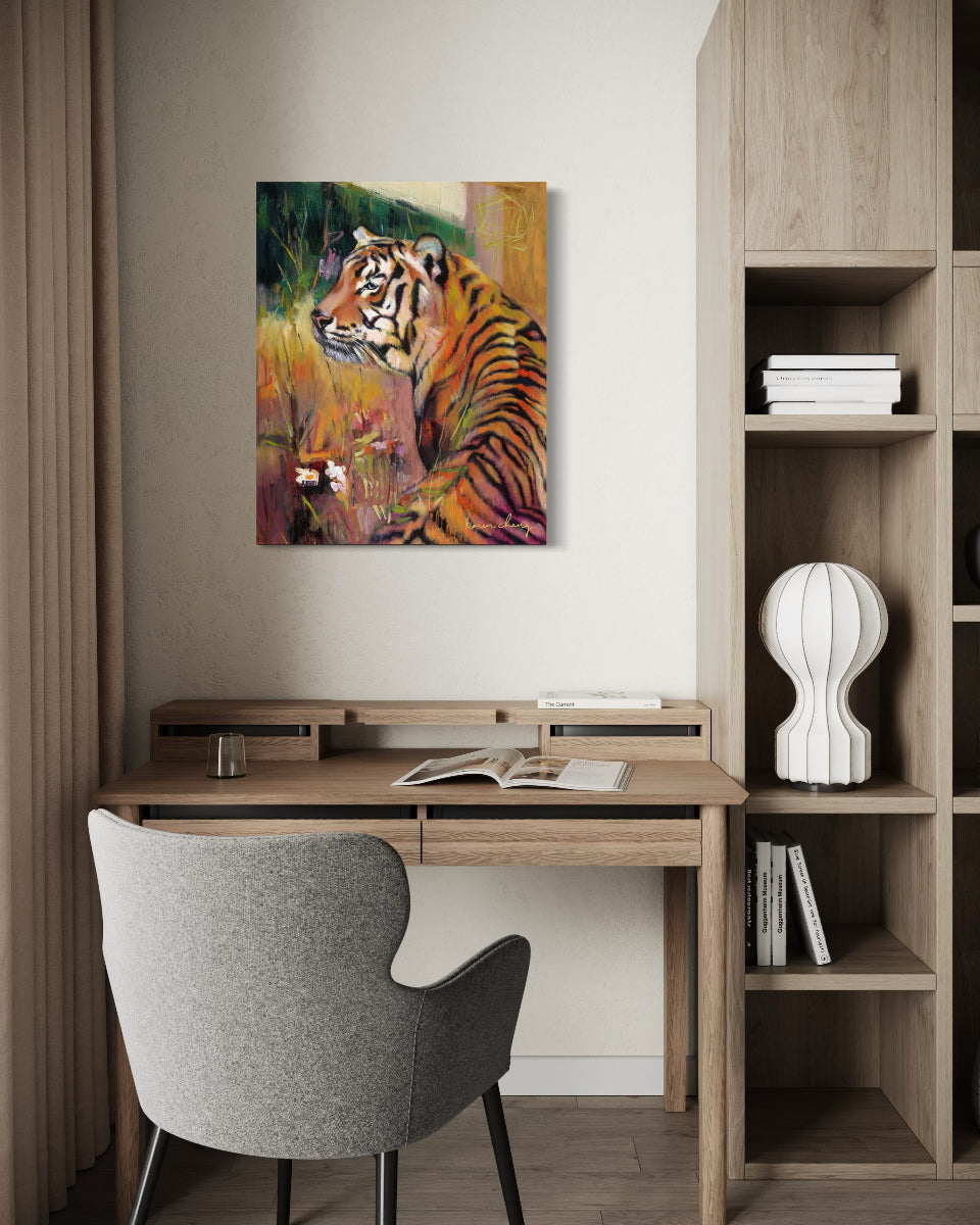 Modern home office with wooden desk, chair, and tiger painting on wall