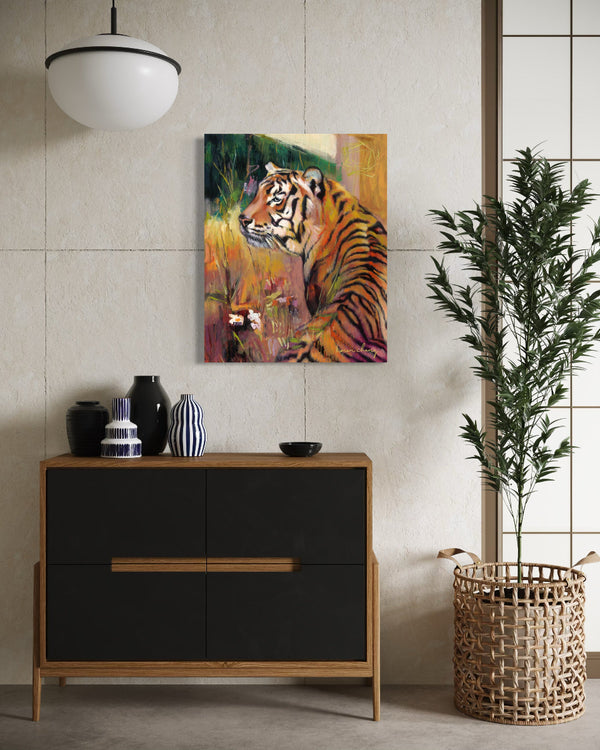 Modern interior with a black and wood dresser, decorative items, and a tiger painting on the wall.