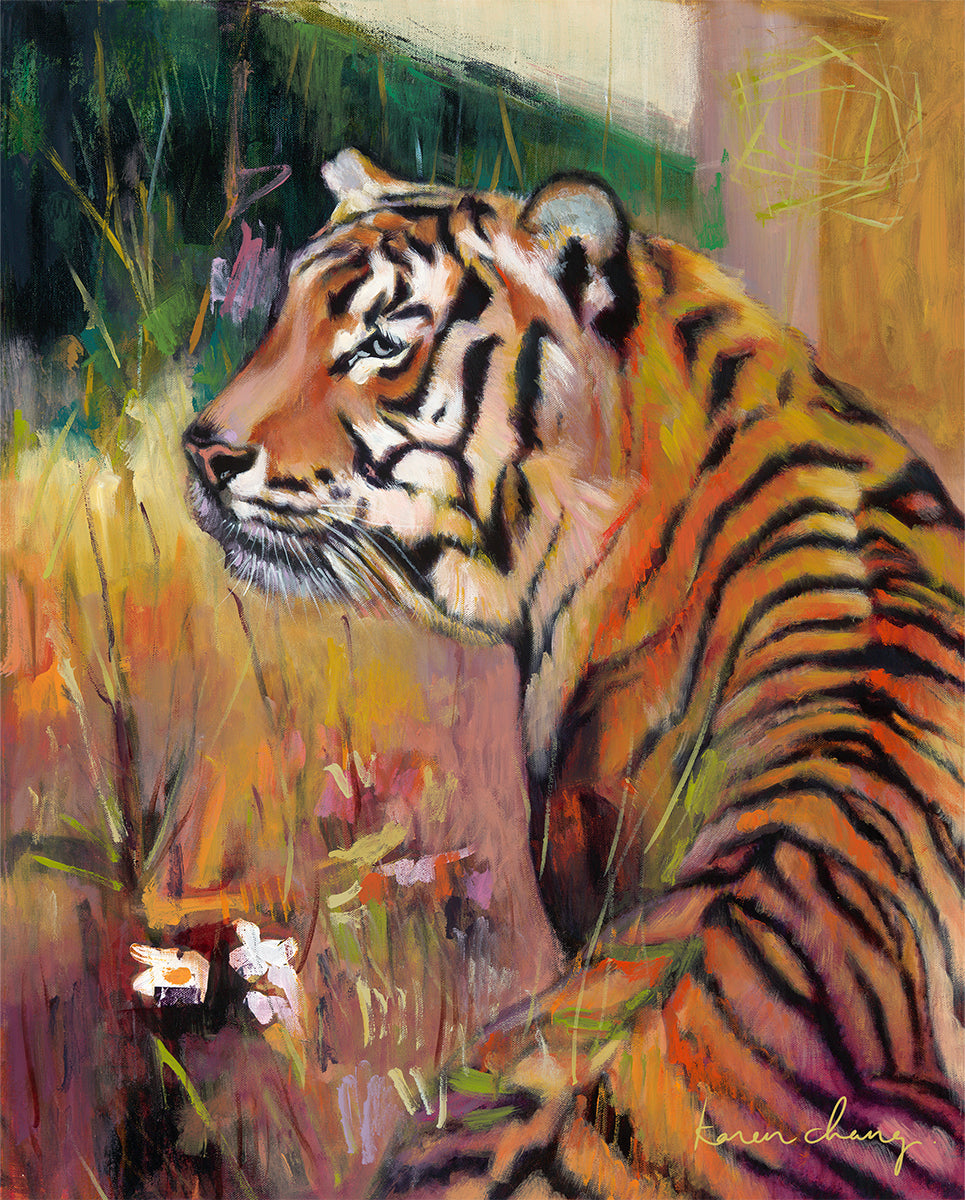 Artistic depiction of a tiger in a natural setting with grass and flowers.