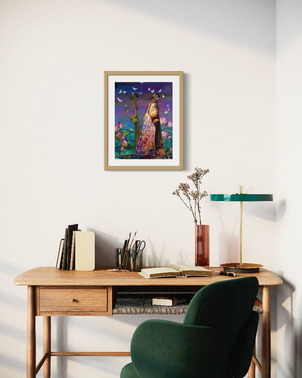 Home office with wooden desk, green chair, and framed artwork on the wall.