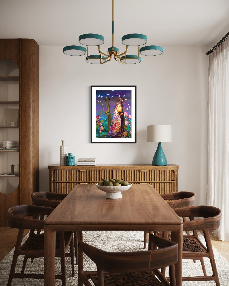 Dining room with wooden table, chairs, and a colorful painting on the wall.