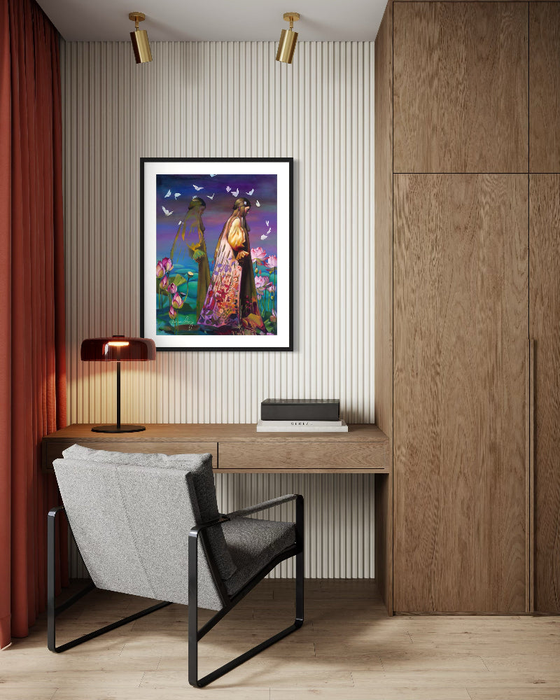 Modern home office with a desk, chair, and colorful artwork on the wall.