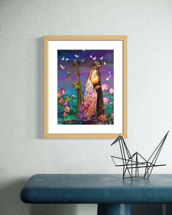 Framed colorful artwork of two people standing in a garden with butterflies on a gray wall.
