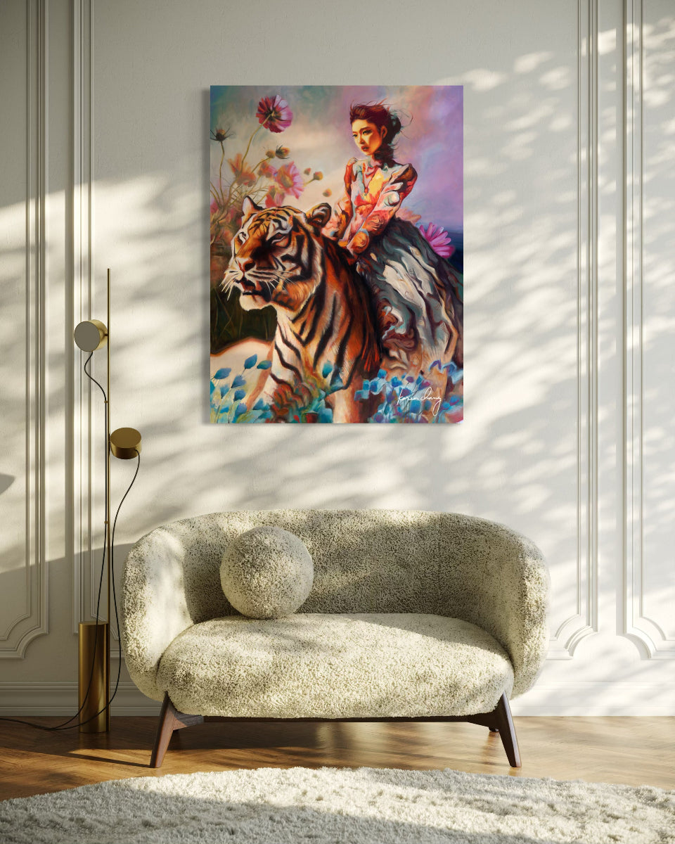 Decorative painting of a woman with a tiger on a wall above a modern sofa.