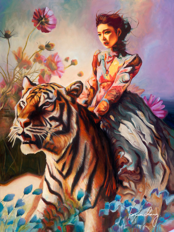 Woman riding a tiger with floral and natural elements in the background
